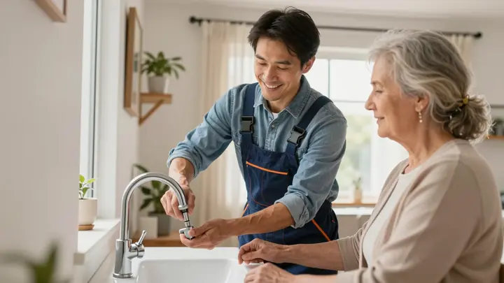 A friendly handyman in work clothes helping an elderly woman in her apartment, fixing a faucet, warm natural light, cozy