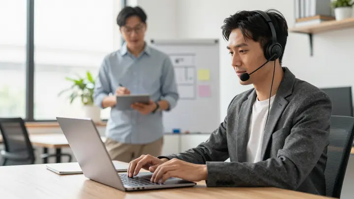 Professional photo of a virtual assistant working on a laptop with a headset, modern bright office background, entrepren