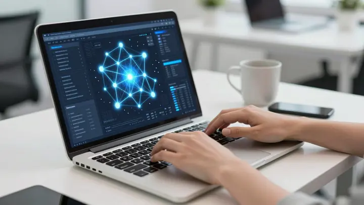 A modern workspace with a laptop displaying AI neural network interface, glowing blue digital connections, freelancer ha