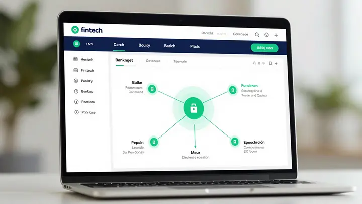 Modern fintech API dashboard interface on a laptop screen with banking data connections visualized, dark blue and green 