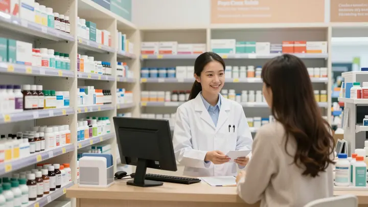 Modern small pharmacy interior with shelves of over-the-counter medicines and wellness products, bright clean lighting, 