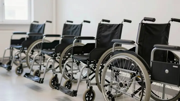 A row of clean wheelchairs in a bright storage room, professional medical equipment rental service, photorealistic, soft