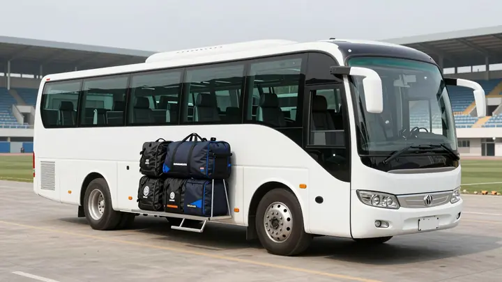 A modern white minibus parked near a sports stadium, sports team with equipment loading bags into the bus, professional 