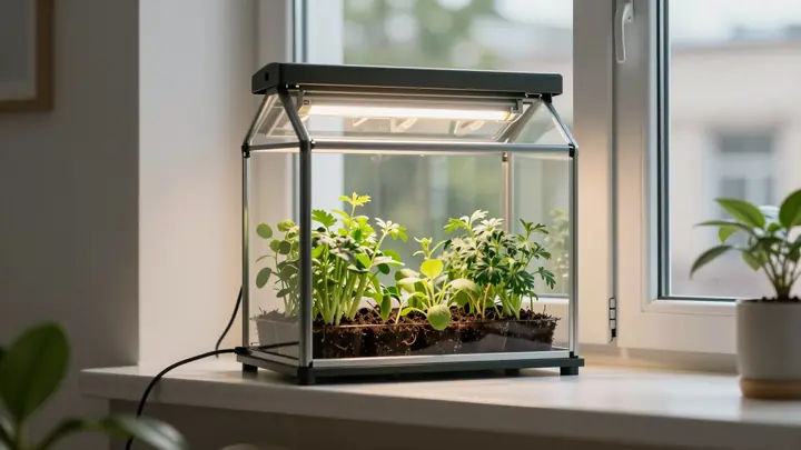Cozy apartment windowsill with a compact mini greenhouse with bright grow lights, fresh green herbs and seedlings inside
