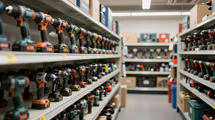 Professional power tools arranged on shelves in a rental shop, drills and hammer drills in cases, clean bright warehouse