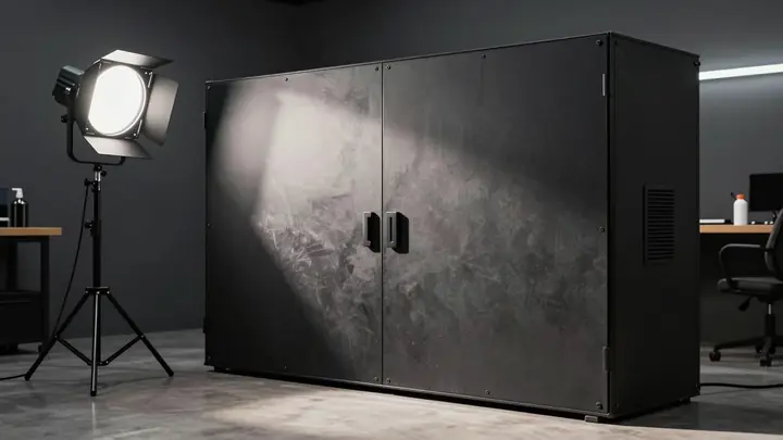 Dark car detailing studio box with professional lighting, water supply and ventilation, clean modern workspace, dramatic
