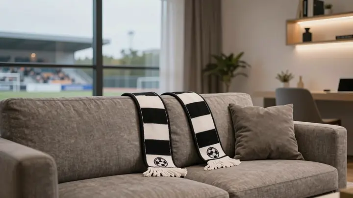 Cozy modern apartment interior with football scarf on sofa and stadium visible through window, warm evening light, photo