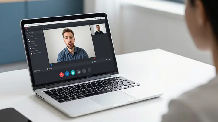 A modern workspace with a laptop showing a video recording interface with a person's face and screen capture, representi