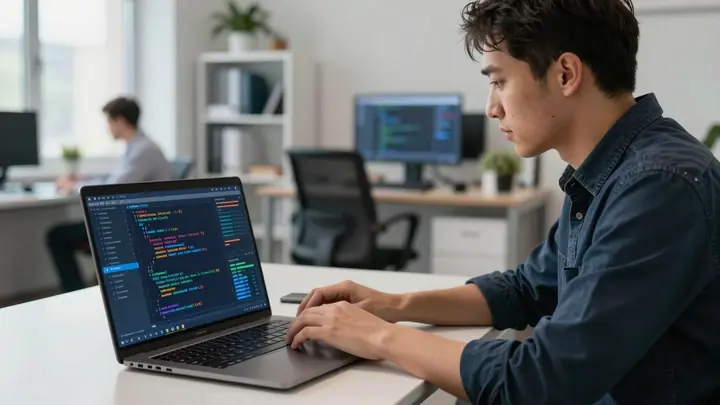 Professional cybersecurity specialist working on laptop with code and security graphs, dark blue tech atmosphere, small 