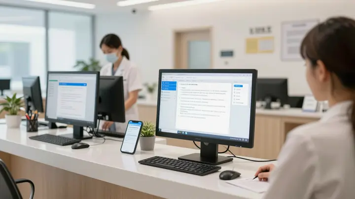 Modern private medical clinic reception with computer screens showing document management software, clean bright interio