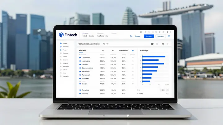 Modern fintech compliance automation dashboard on a laptop screen, Singapore skyline in background, clean professional s