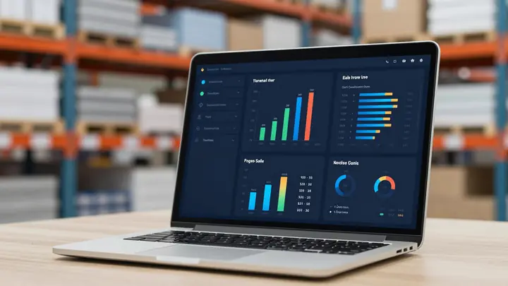 Modern dashboard with sales forecast charts and product recommendations on a laptop screen, dark blue interface, ecommer