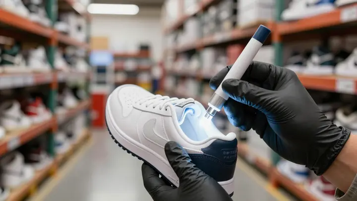 Close-up photo of a sneaker being inspected under UV light by an authenticator wearing gloves, modern marketplace wareho