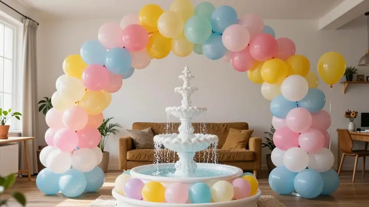 Bright colorful helium balloons compositions in a cozy home studio, balloons arches and fountains, festive atmosphere, w