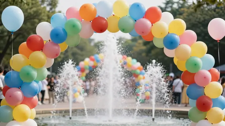 Colorful helium balloons arch and fountains at a festive event, bright and joyful atmosphere, professional photography, 
