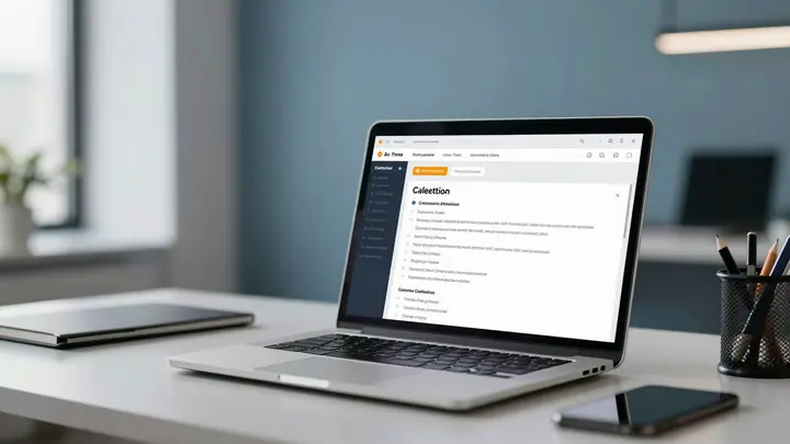 A professional workspace with a laptop showing content management dashboard, AI-generated text being filtered and cleane