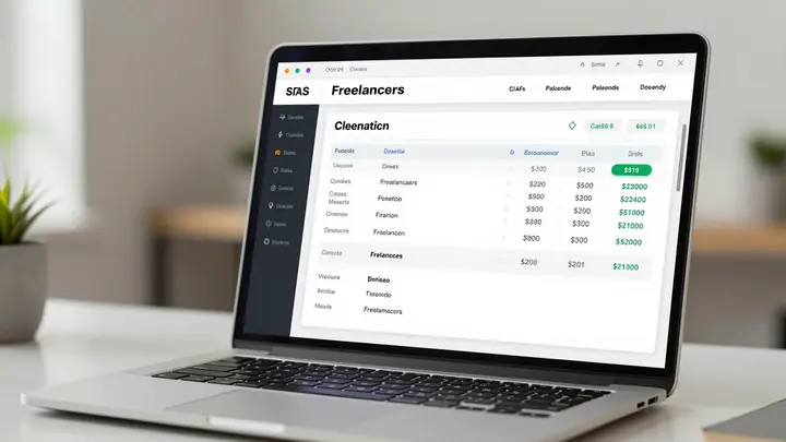 Modern SaaS dashboard interface for freelancers with client cards, invoices and payment status, clean minimal design, la
