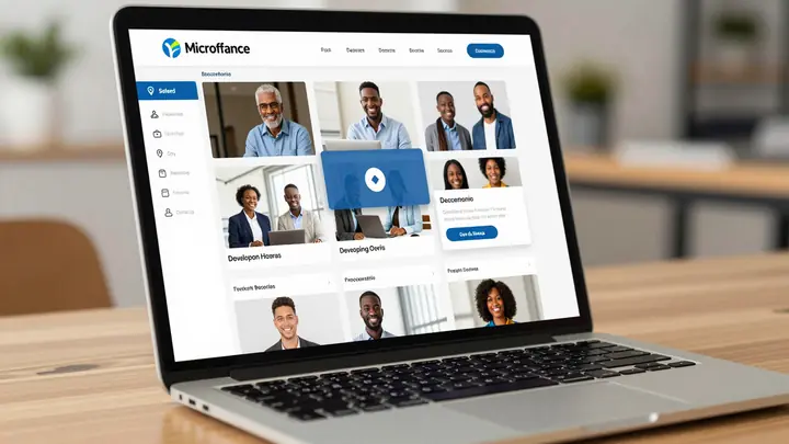A modern decentralized microfinance platform interface on a laptop screen with blockchain network visualization and smal
