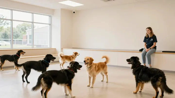 Bright modern dog daycare playroom with happy dogs playing together, professional dog sitter watching them, security cam