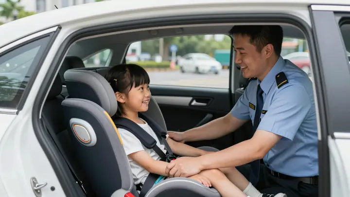 Professional photo of a friendly driver in uniform helping a smiling child into a branded taxi car with a modern child s