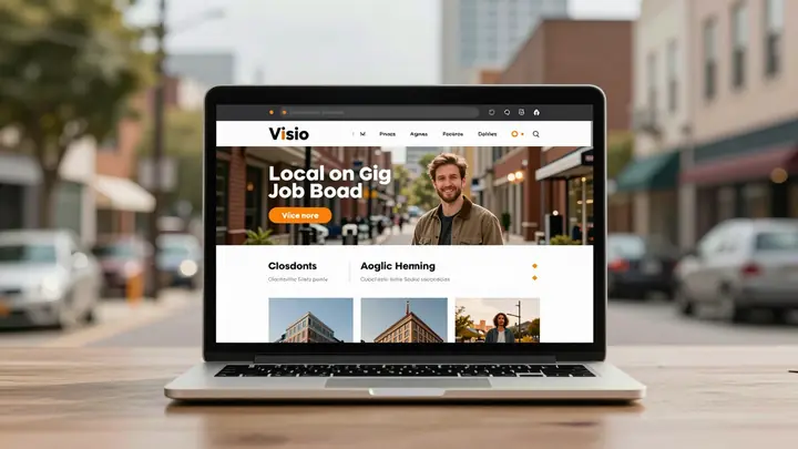 A clean modern website interface for a local gig job board on a laptop screen, surrounded by blurred city neighborhood b