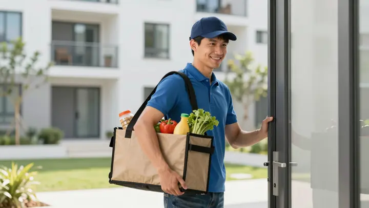 A friendly courier with a thermal bag delivering fresh groceries to a modern apartment door in a residential complex, br