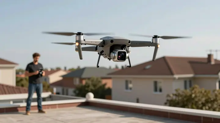 A professional drone with thermal camera flying over a residential building roof, operator controlling from ground, urba