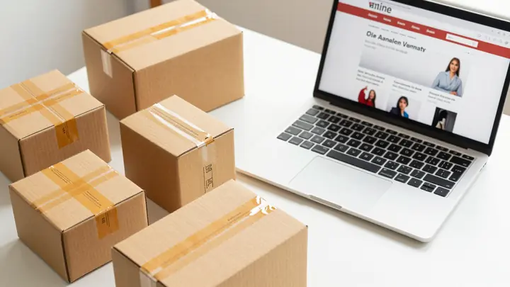 A flat lay of product boxes with shipping labels from Asia on a clean desk next to a laptop showing an online store dash