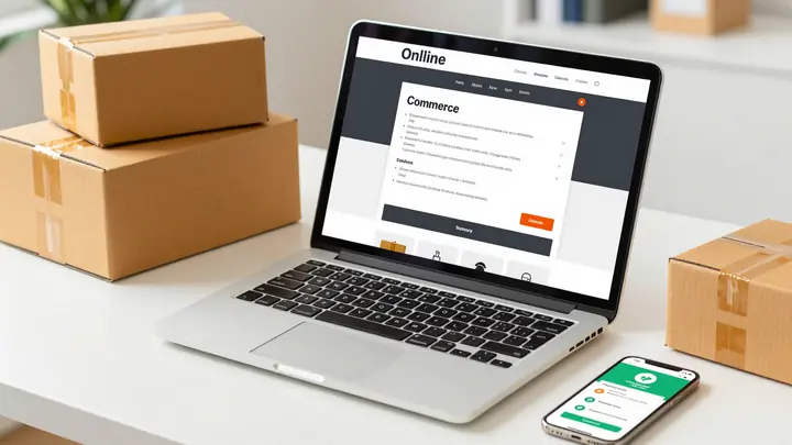 Modern e-commerce dropshipping concept, laptop with online store on screen, cardboard boxes with asian labels, smartphon
