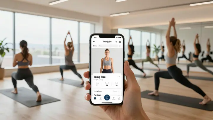 Modern fitness studio interior with diverse group of people doing yoga, soft natural light, minimalist design, smartphon