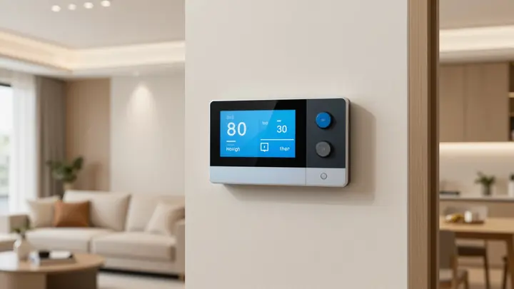 Modern energy efficient home interior with LED lighting, smart thermostat on wall, warm cozy atmosphere, professional ph