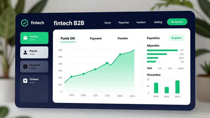 Modern fintech B2B platform interface with AI visualization, dark blue and green color scheme, dashboard with payment an