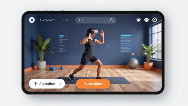 Modern fitness app interface with AR VR workout visualization, person wearing VR headset doing exercise, futuristic digi