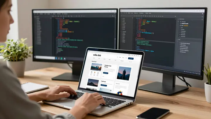 Freelance web developer working on laptop with website design layouts on screen, modern home office, dual monitor setup,