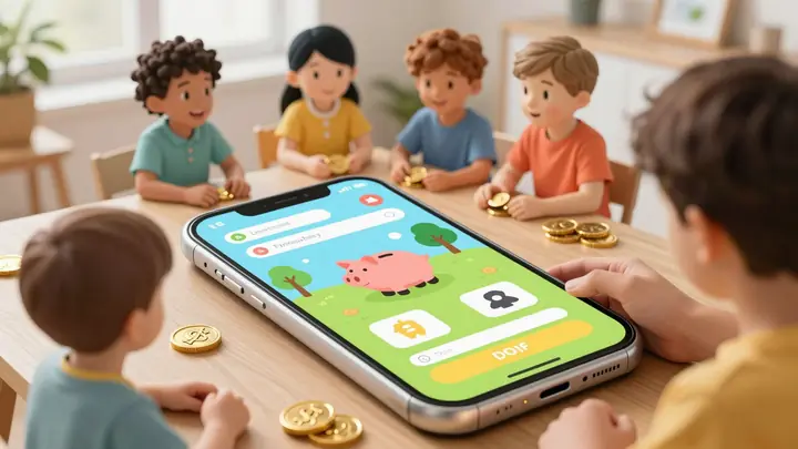 Bright colorful illustration of children learning financial literacy through a mobile game app, cartoon style, kids with