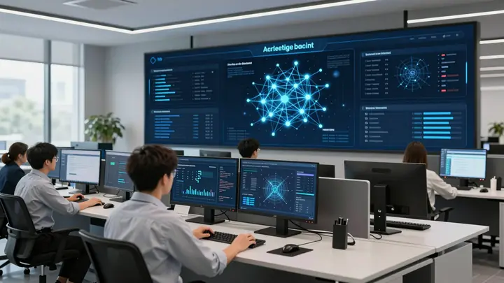 Modern cybersecurity operations center with AI-themed security dashboards, dark blue tones, professional analyst monitor