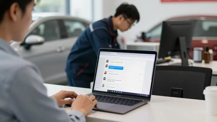 Editorial photograph of a car service reception desk with a laptop showing a messenger chat and a mechanic working in th