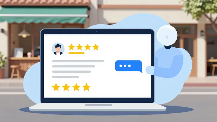 Modern flat illustration of an AI agent responding to customer reviews for a local business, laptop with chat interface,