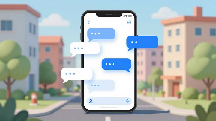Modern flat illustration of an AI chatbot assistant in a residential neighborhood chat interface, smartphone with chat b
