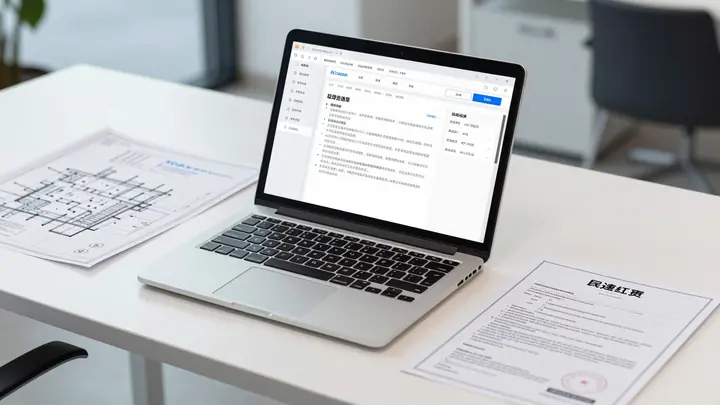 Professional photo of a modern office desk with a laptop showing an AI document analysis interface, construction bluepri