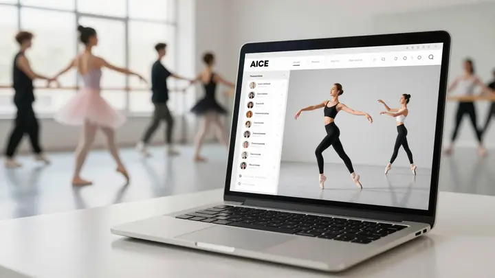 Modern AI chatbot interface on a laptop screen in a bright dance studio, ballet and hip-hop dancers in background, clean