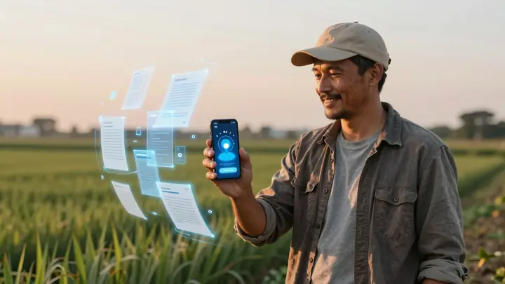 A farmer in a field holding a smartphone with a friendly AI assistant interface, glowing digital forms and documents flo