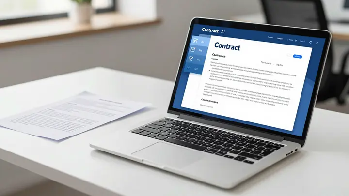 Modern office desk with laptop showing contract document and AI interface, holographic checkmarks over legal papers, blu