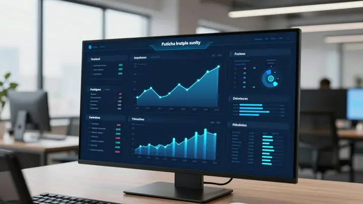 Futuristic dashboard with AI financial analytics, charts and graphs, dark blue interface, glowing data visualizations, m