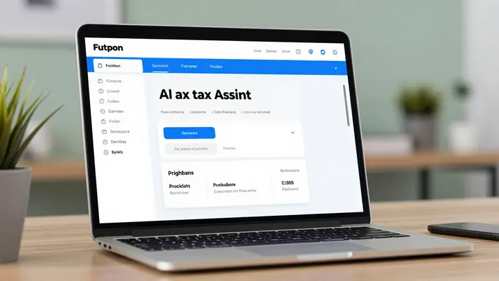 Futuristic AI tax assistant interface on laptop screen, freelancer workspace background, soft blue and green tones, clea