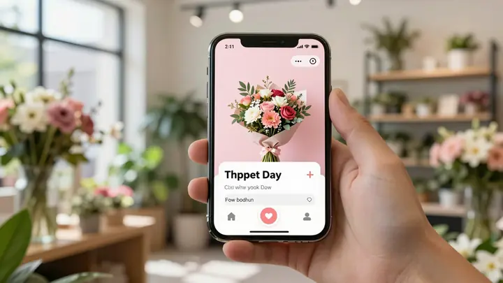 Modern flower shop interior with a smartphone showing a chatbot interface for ordering bouquets, soft natural light, pin