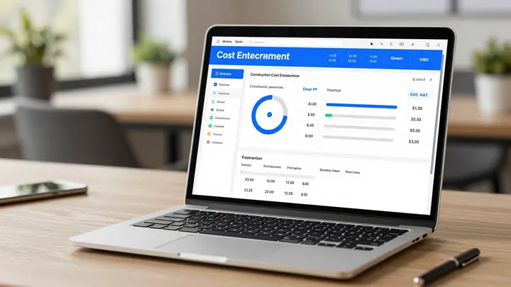 Modern AI-powered construction cost estimation dashboard on laptop screen, interior designer workspace background, blue 