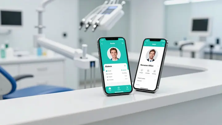 Modern dental clinic reception desk with smartphone showing AI assistant interface, clean bright medical interior, blue 
