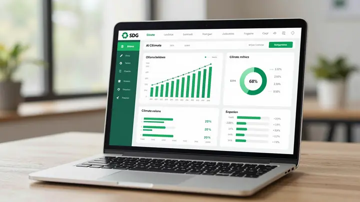 Modern AI-powered climate reporting dashboard on a laptop screen, green sustainability theme, clean corporate interface,