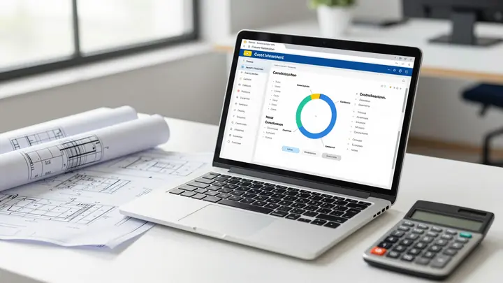 Modern AI-powered construction cost estimation software on a laptop screen, blueprints and calculator on desk, clean pro